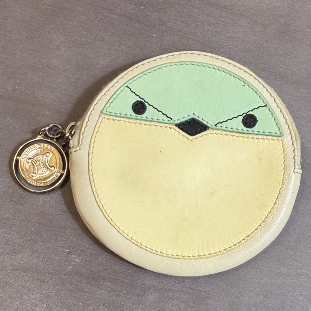 Celine Vintage Mint Green and Cream Round Bird Coin Case with zipper.